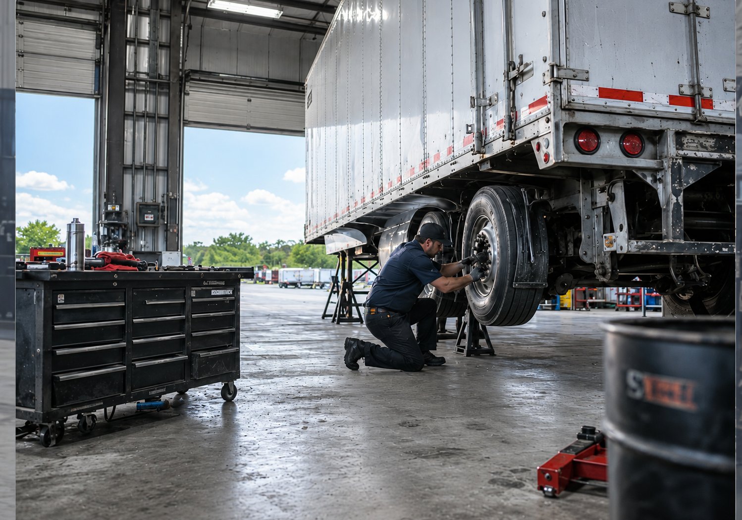 Commercial trailer positioned in a repair shop bay
