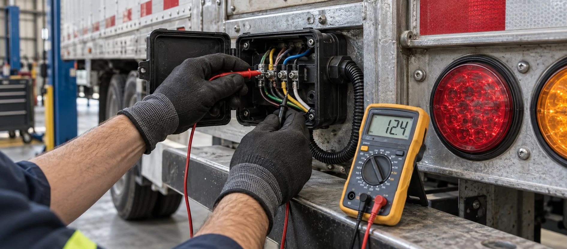Technician testing semi-trailer wiring, connectors, and rear lights