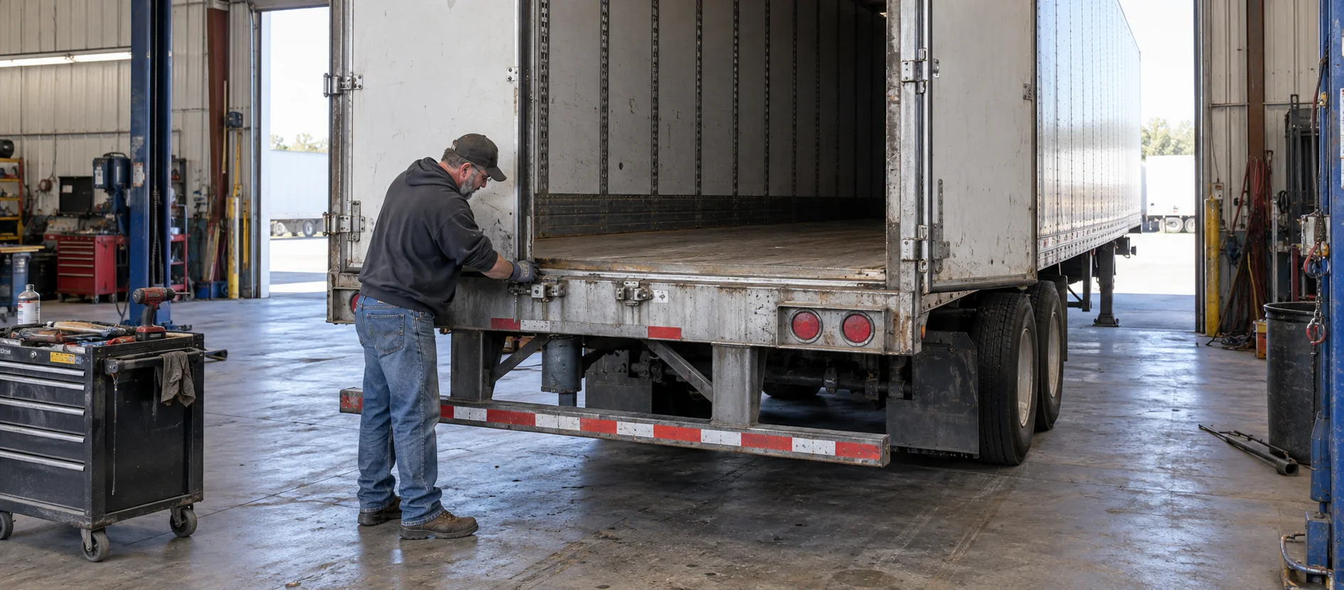 Technician inspecting a commercial trailer's rear-door hardware and floor threshold