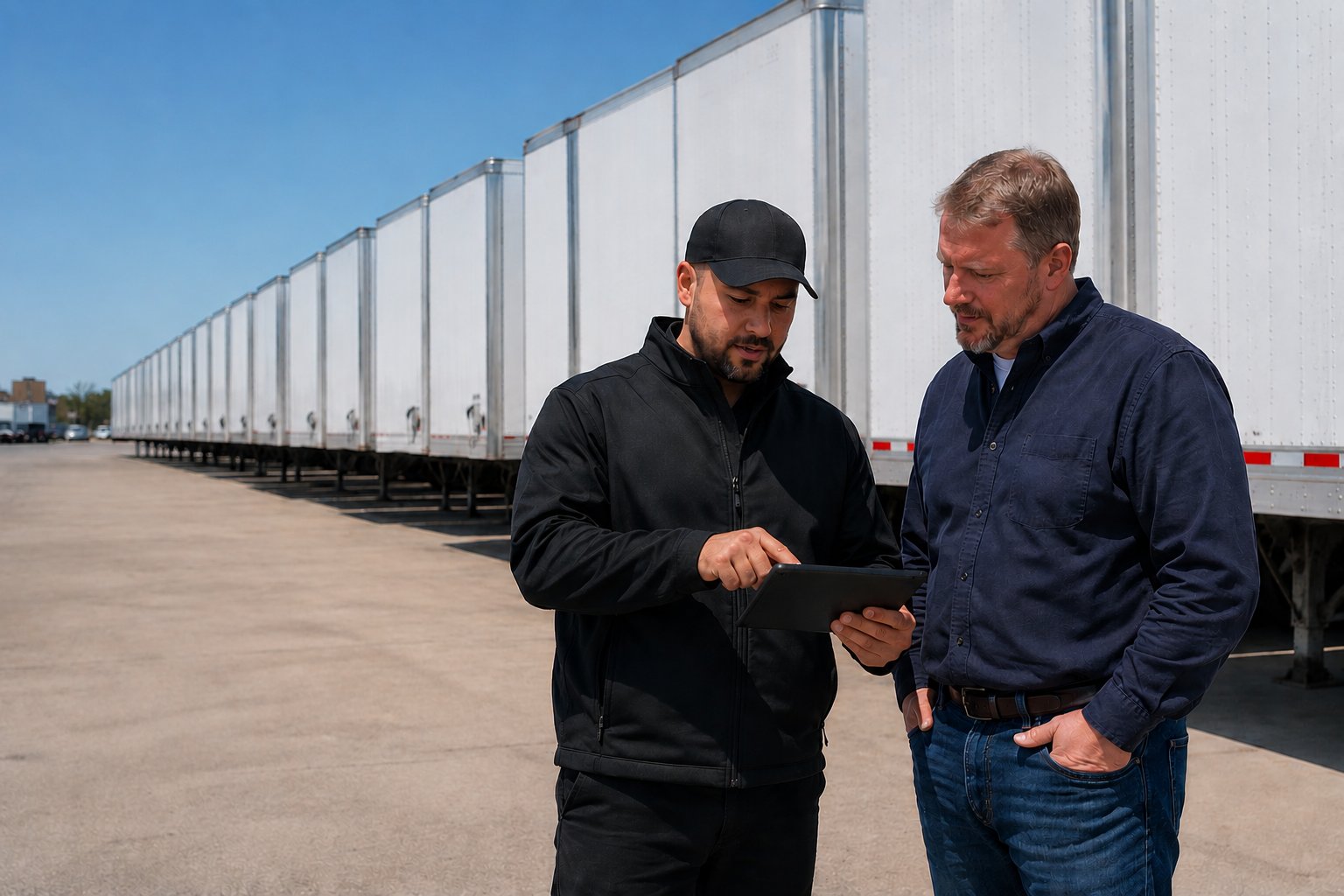 Fleet professionals reviewing commercial semi-trailers