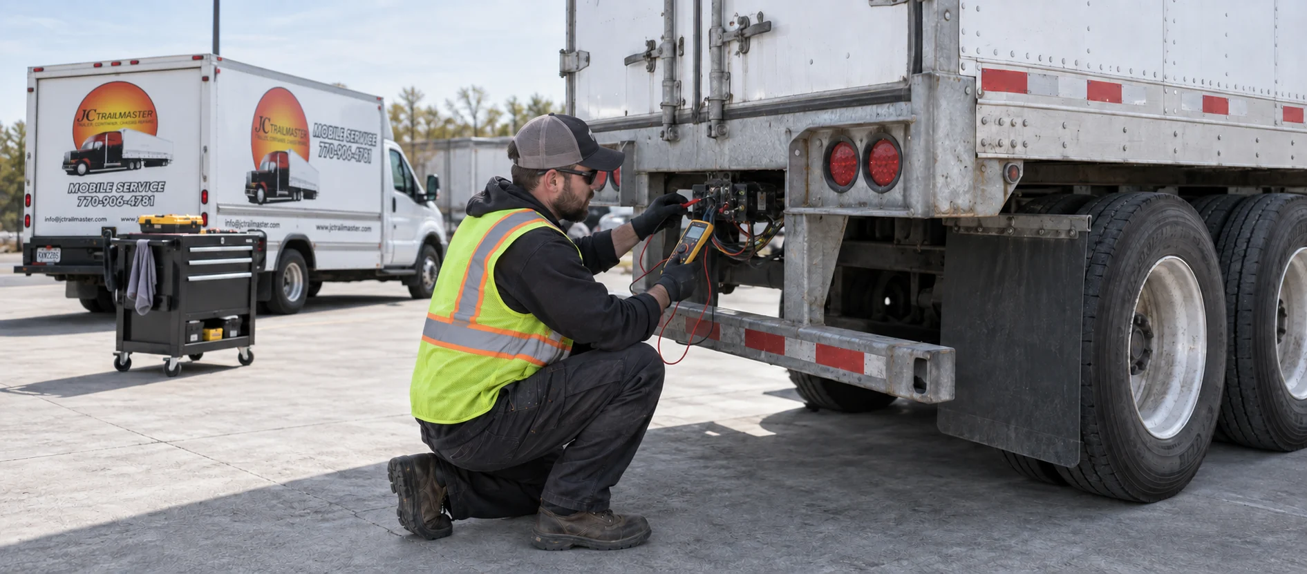 Mobile technician diagnosing commercial trailer wiring and lighting