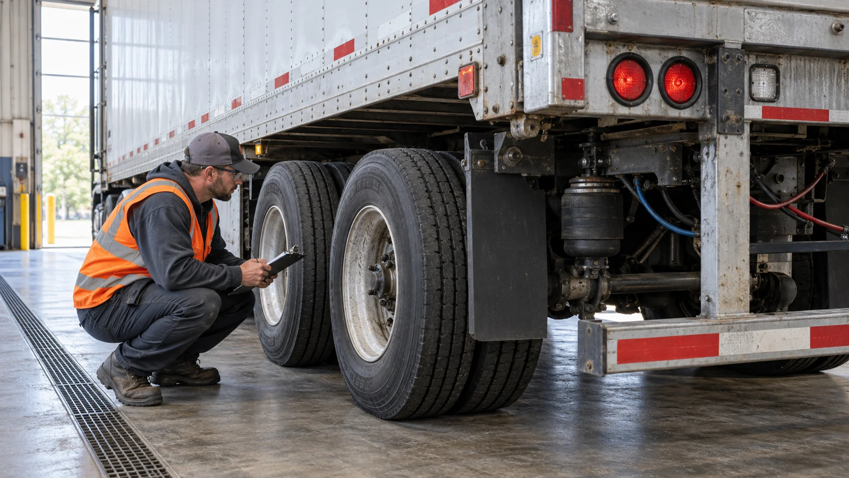 Technician inspecting a commercial trailer's rear tires, suspension, air lines, and lighting