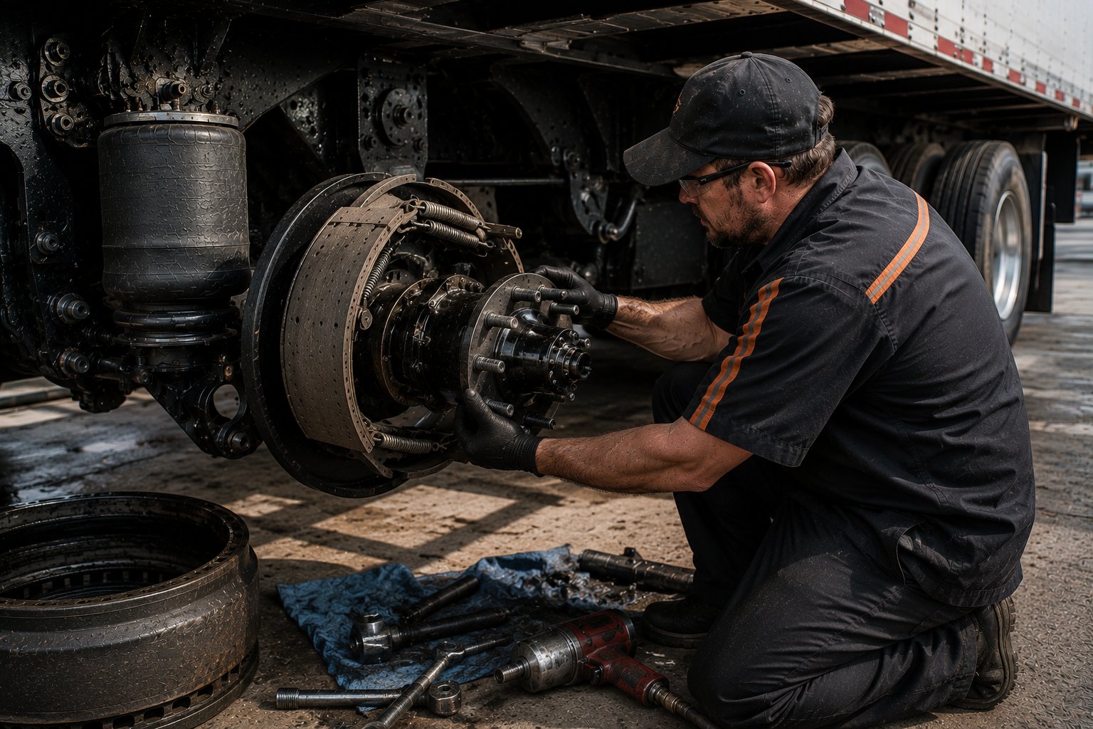 Technician servicing a commercial semi-trailer brake and wheel end