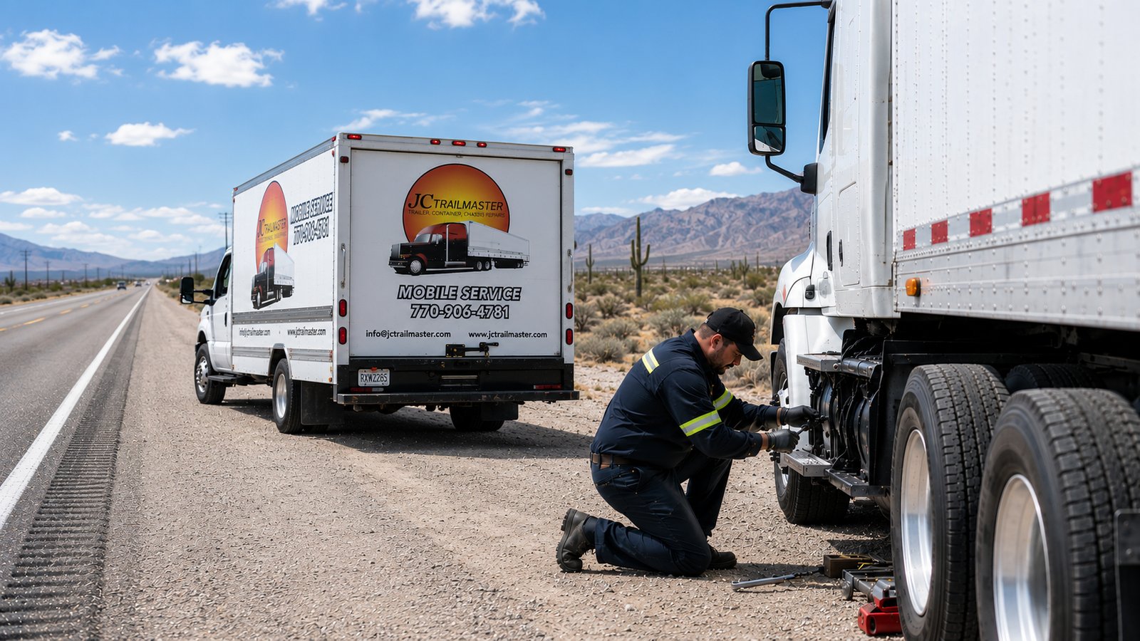 Mobile trailer repair technician responding to a commercial vehicle