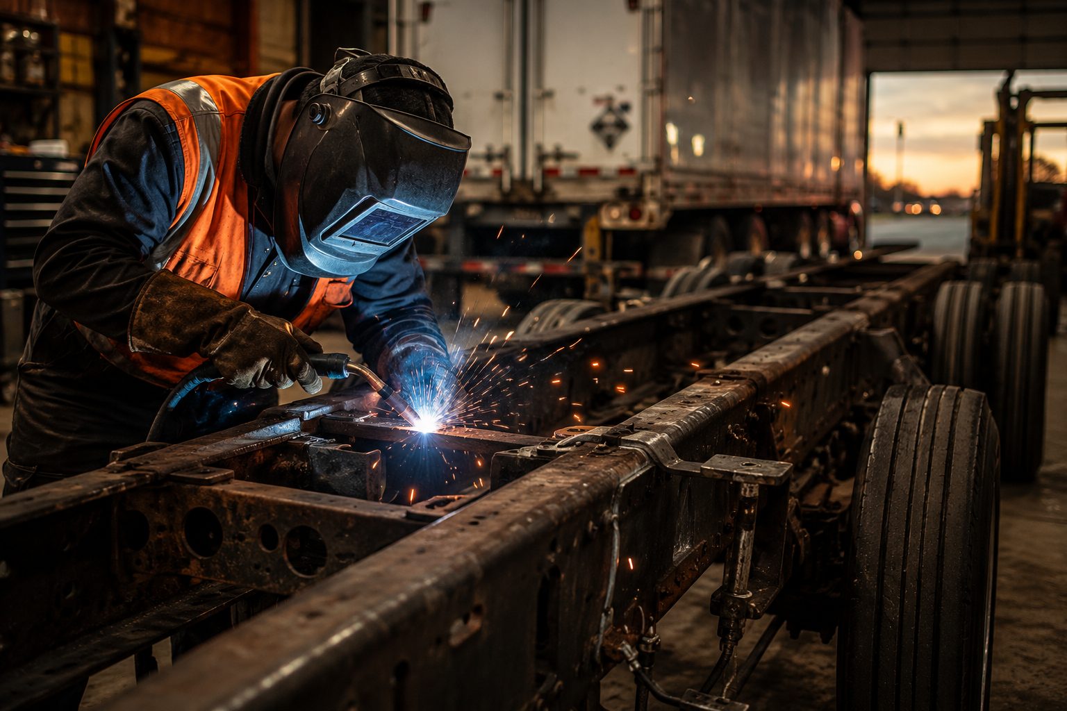 Technician completing commercial trailer chassis repair