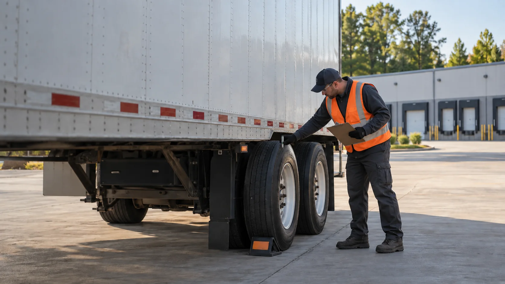 Technician checking commercial trailer tire tread during a preventive inspection