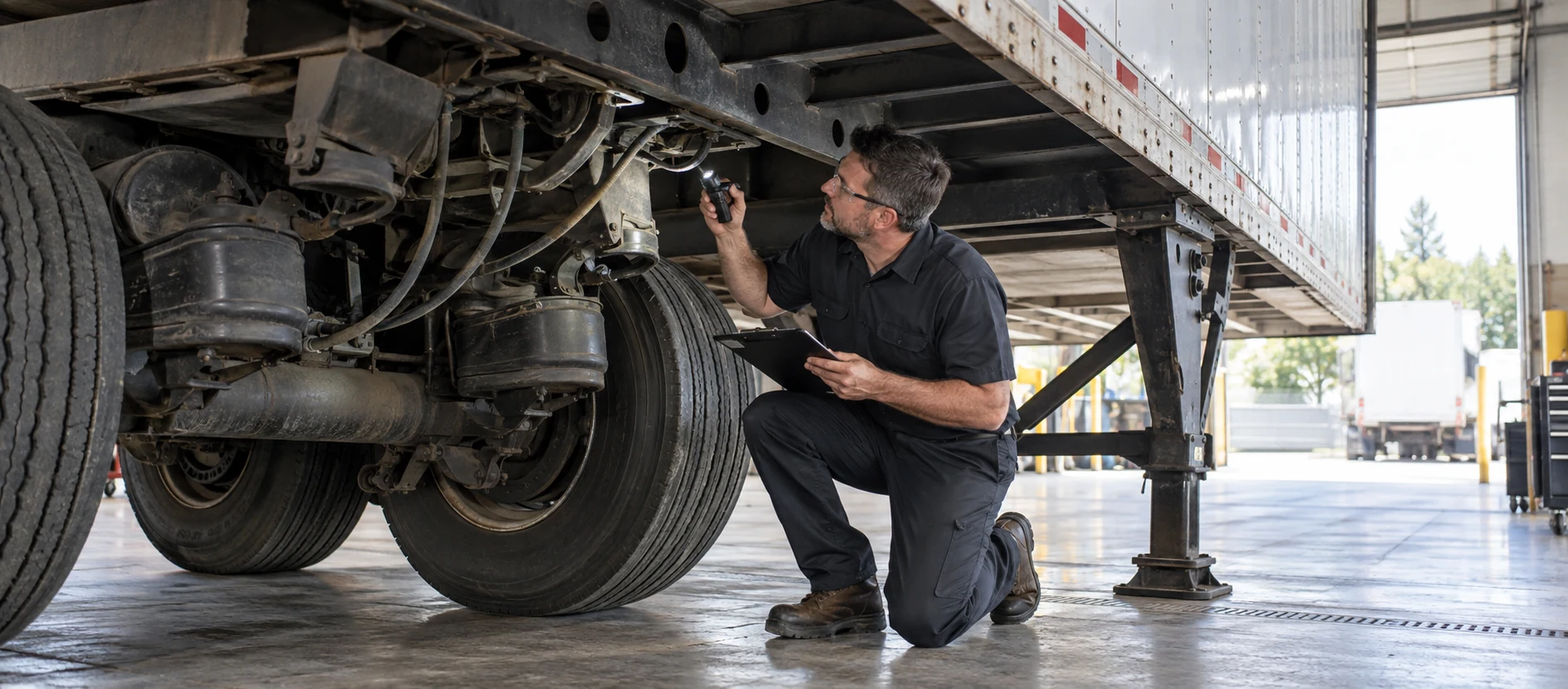 Technician inspecting a commercial trailer's running gear during a periodic inspection